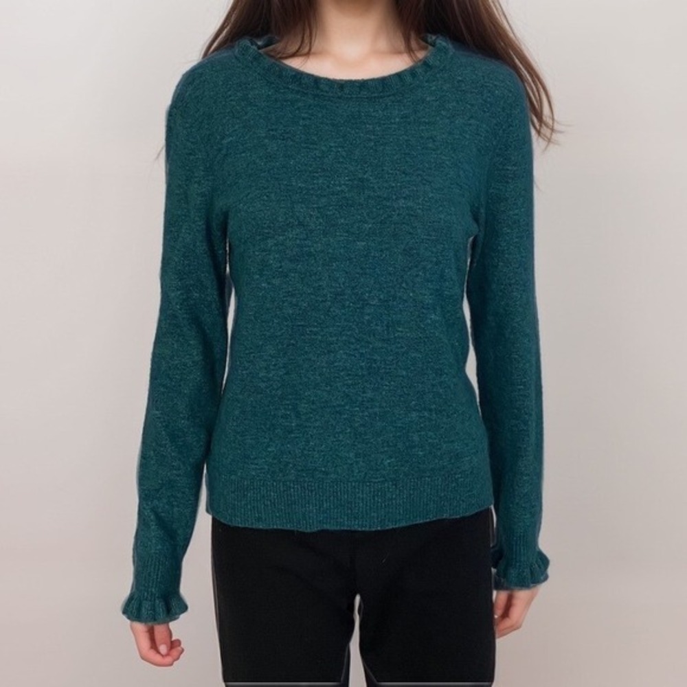 2/$30 Sundance Knit Blouse Top Sz XS Petite Blue Ruffle Neck Wool Cashmere Blend